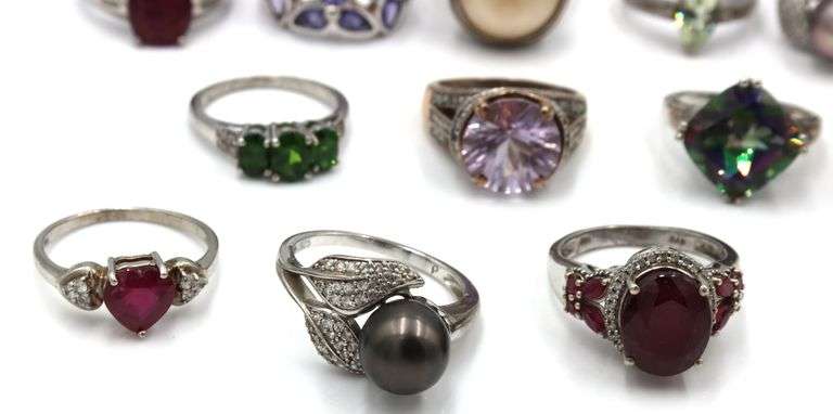 Group lot of 15 vintage 925 sterling silver gemstone rings