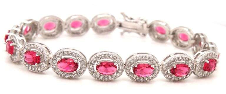 925 Sterling silver oval red and round white cubic zirconia link bracelet