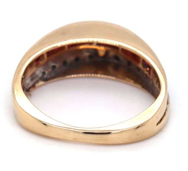 14kt Yellow gold square ruby and diamond 2 row dome ring