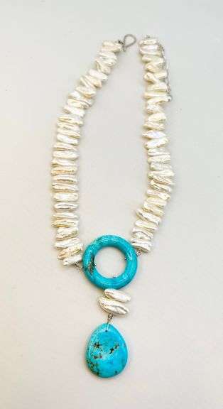 925 Sterling Silver Jay king Biwa Pearl And Turquoise Necklace