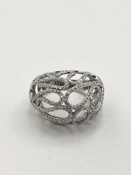 925 Sterling Silver Open Work Crystal pave Wave Scroll Motifs Ring