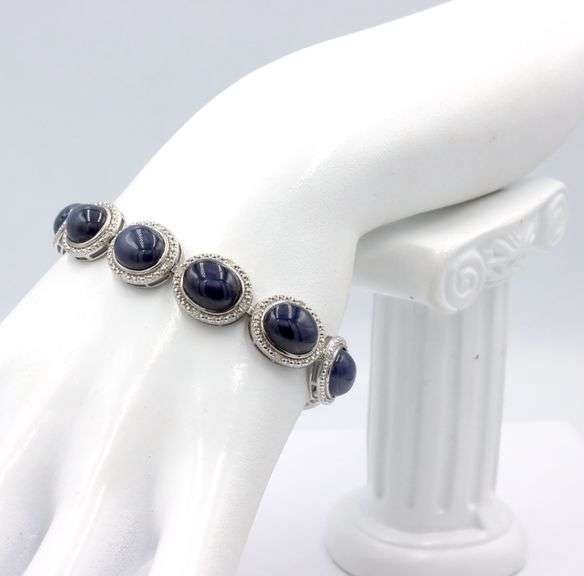 Enamoring 66.06 Oscar Friedman Oval Cabochon-Cut Star Blue Sapphire & Diamond Bracelet in 14K White 