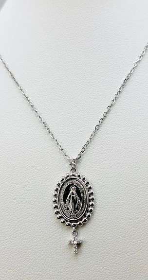 925 Sterling Silver  "Miraculous Medal" Bead Station With Virgin Mary With Small Cross Charm Necklac