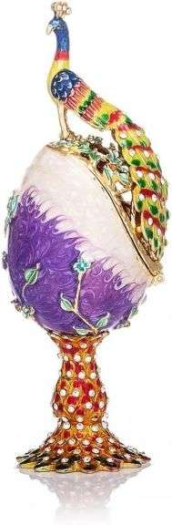 Hand-Painted Peacock Style Fabergé Egg Enamel Trinket Box
