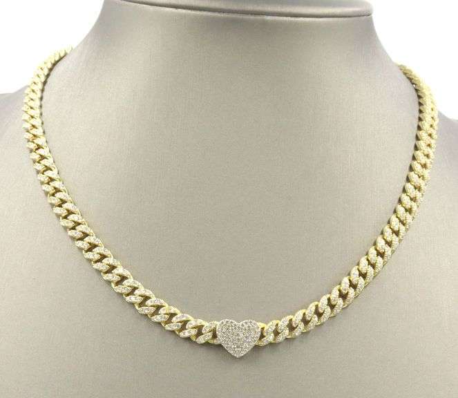 925 Sterling silver Cuban chain cubic zirconia necklace with heart shaped pendant