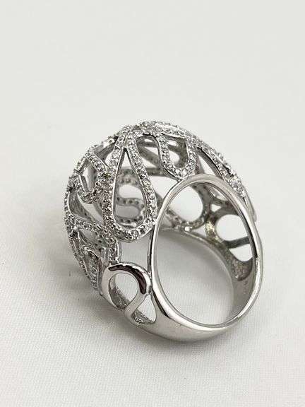 925 Sterling Silver Open Work Crystal pave Wave Scroll Motifs Ring