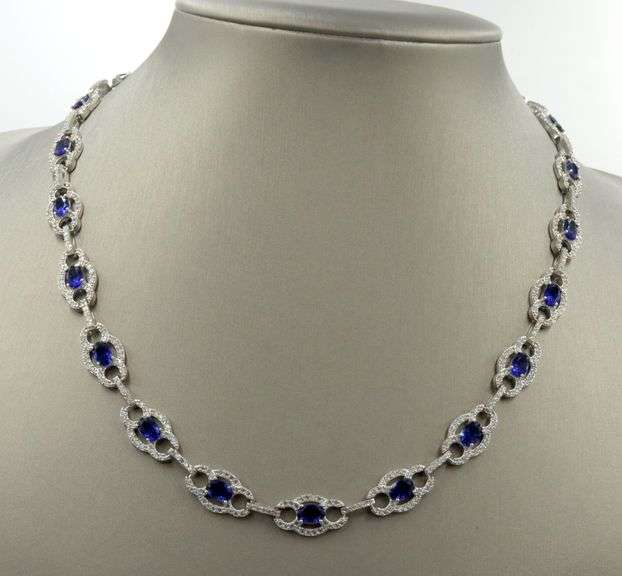 925 Sterling silver oval blue cubic zirconia and white cubic zirconia necklace