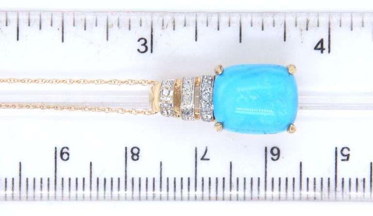 10kt Yellow gold Square Turquoise and diamond accent pendant on chain