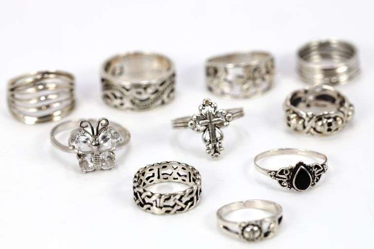 .925 Sterling Silver Curated Ring Lot of 10 Rings Various Sizes & Styles