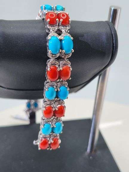 Coral and Turquoise Silver Bracelet