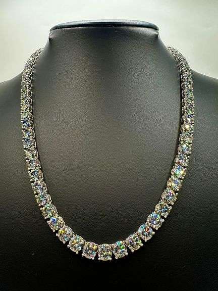 Huge Sparkling 69 Cttw Steel Blue Gray Fire Moissanite White Gold Plate Tennis Necklace