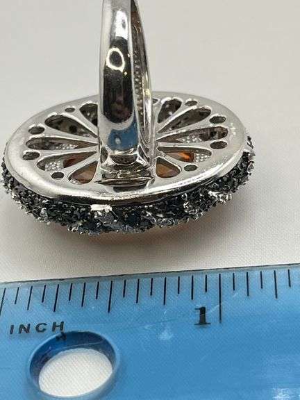 925 Sterling Silver Large Oval Amber Color Stone With Halo And Intricate Black and White Crystal Pav