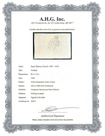 Very rare Henri Matisse etching signed in the plate, C.1920, from the series of Cinquante Dessins