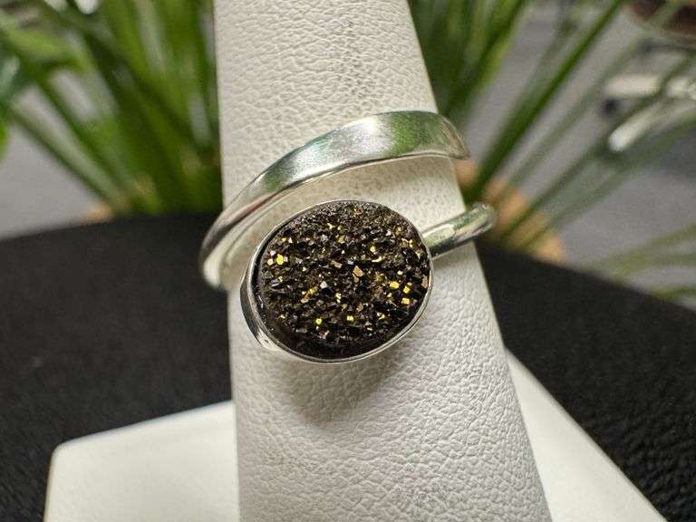 Sterling Silver 925 Titanium Coated Druzy Agate Crystal Stone Ring Adjustable Spoon Band