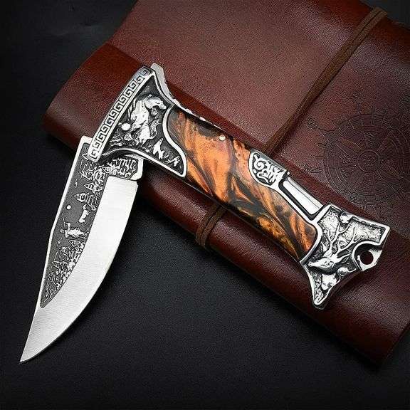 Folding Pocket Knife with Engraved Handle and Lock