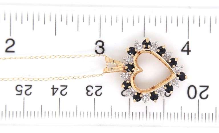 10kt Yellow gold Sapphire and diamond open heart pendant on chain