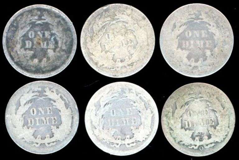 6 Different Liberty Seated Dimes: 1874 to 1891-O