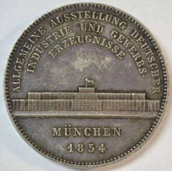 Impressive 1854 Bavaria 2 Thaler (3½ Gulden) Silver Crown Munich Industrial Exhibition in AU