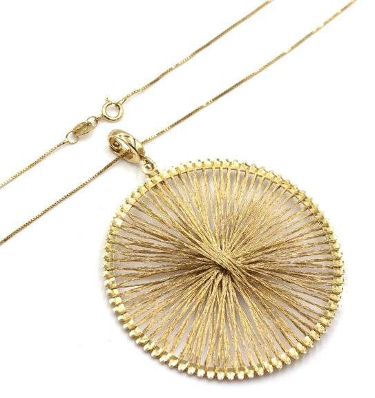14kt Yellow gold Woven gold disk pendant on chain