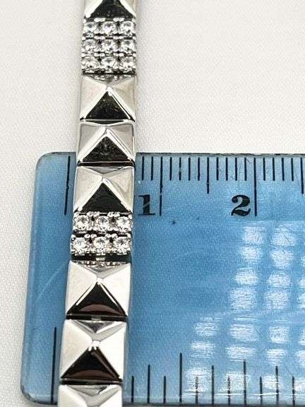 925 Sterling Silver Alternative Polished Pyramid link With Crystal Pave Bracelet