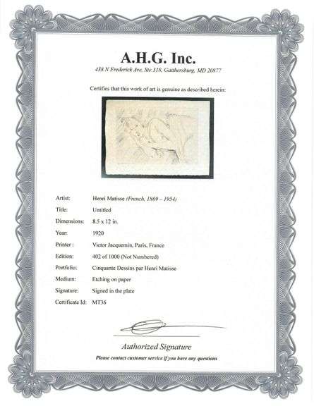 Very rare Henri Matisse etching signed in the plate, C.1920, from the series of Cinquante Dessins