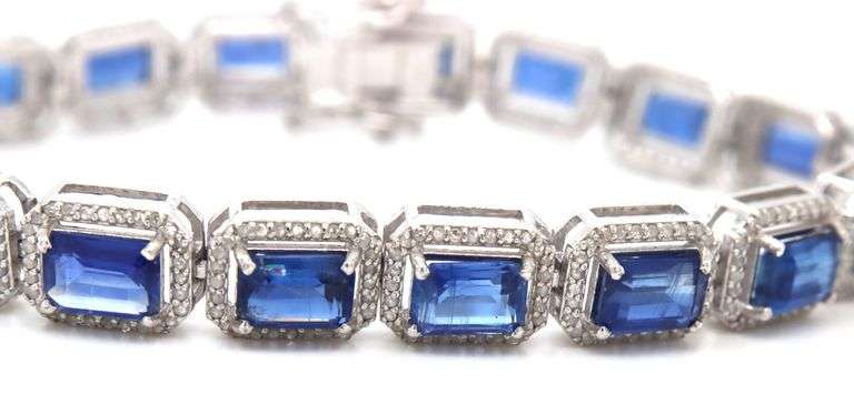 Stunning 18.97CTW Emerald Cut Kyanite & Diamond Bracelet in 14K White Gold Over Sterling Silver