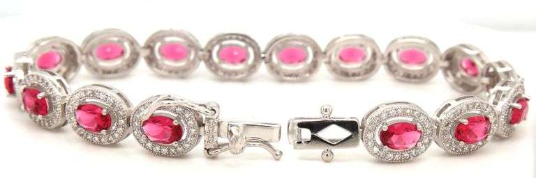 925 Sterling silver oval red and round white cubic zirconia link bracelet