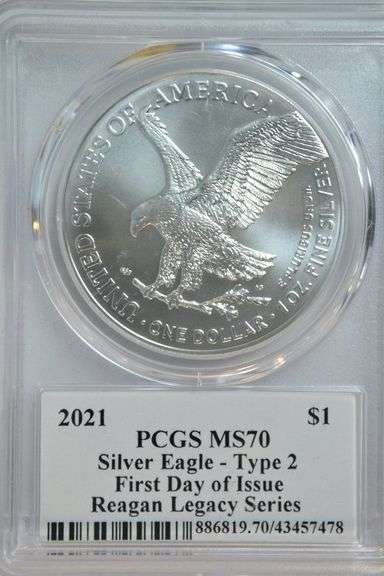 Perfect 2021 Ty 2 $1 Silver Eagle. PCGS MS70 1st Day Issue Reagan Signed