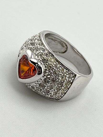 925 Sterling Silver Heart Shape Mandarin Garnet Surrounding With Full CZ Ring.