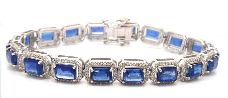 Stunning 18.97CTW Emerald Cut Kyanite & Diamond Bracelet in 14K White Gold Over Sterling Silver