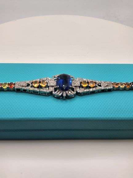 Multi Colored Sapphires and Kyanite Bracelet in Diamond Studded Sterling Silver