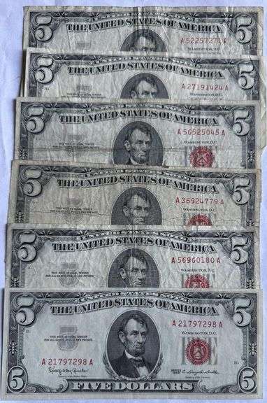 Six 1963 Circulated $5 Red Seal US Notes