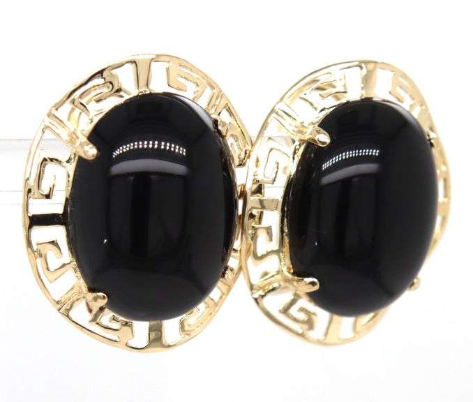 14kt Yellow gold black onyx oval earrings with Greek key halo