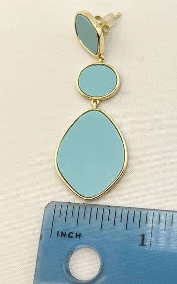 925 Gold Tone Sterling Silver Three Drop Blue Stone Earrings