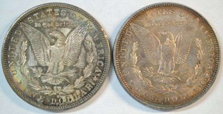 2 Choice original Rainbow toned BU Morgan Silver Dollars: 1882-S & 1886