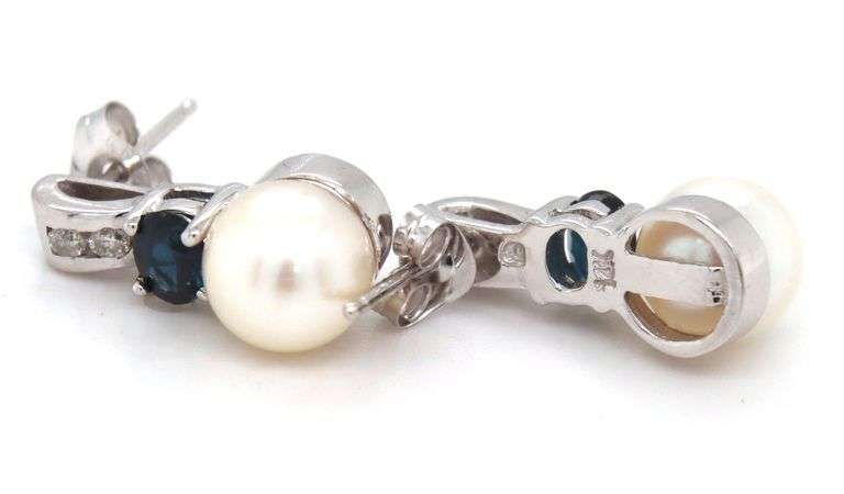 14kt White gold 6.5mm pearl, sapphire and diamond accent earrings