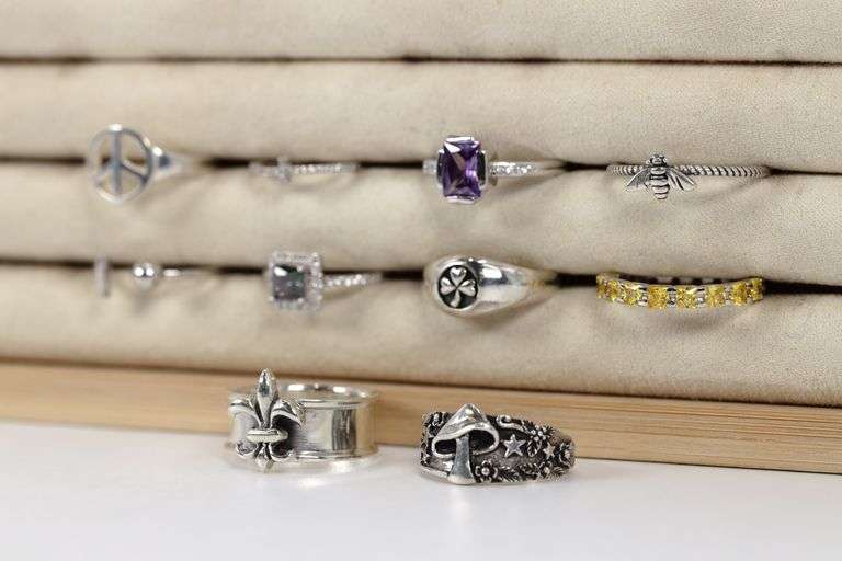.925 Sterling Silver Curated Ring Lot of 10 Rings Various Sizes & Styles