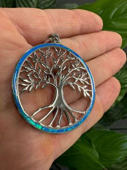 Sterling Silver Blue Synthetic Opal Tree of Life Medallion Pendant Branch Charm
