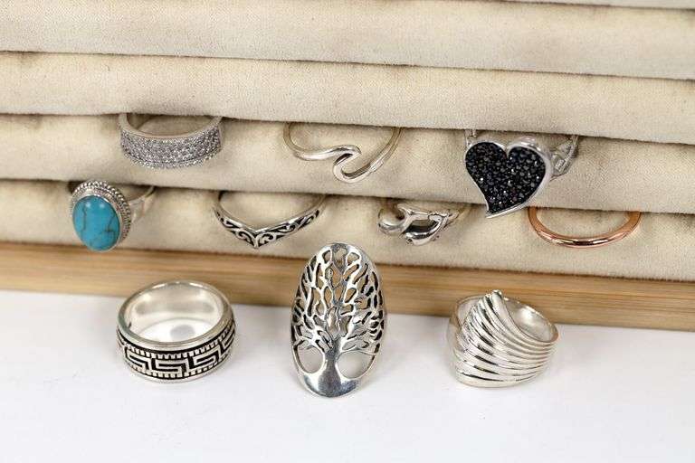 .925 Sterling Silver Curated Ring Lot of 10 Rings Various Sizes & Styles