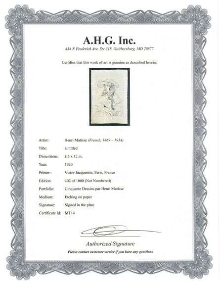 Very rare Henri Matisse etching signed in the plate, C.1920, from the series of Cinquante Dessins