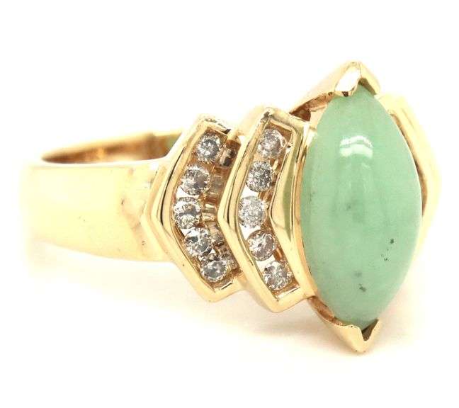 14kt Yellow gold marquise Jade and channel set diamond ring