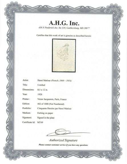 Very rare Henri Matisse etching signed in the plate, C.1920, from the series of Cinquante Dessins