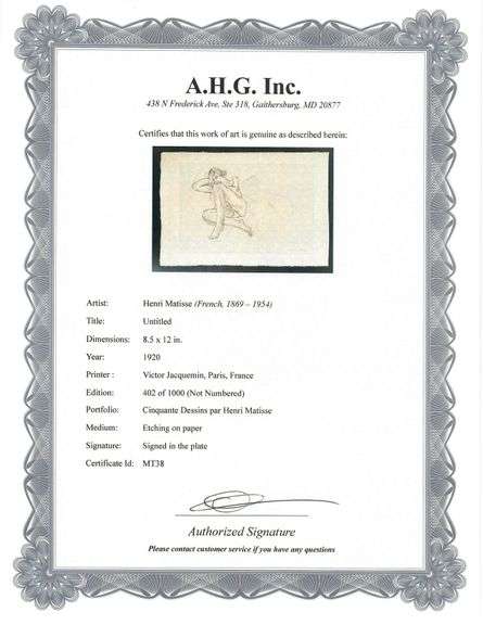 Very rare Henri Matisse etching signed in the plate, C.1920, from the series of Cinquante Dessins