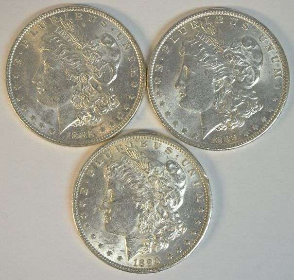 3 Well struck and Brilliant Morgan Silver Dollars 1885 to 1890