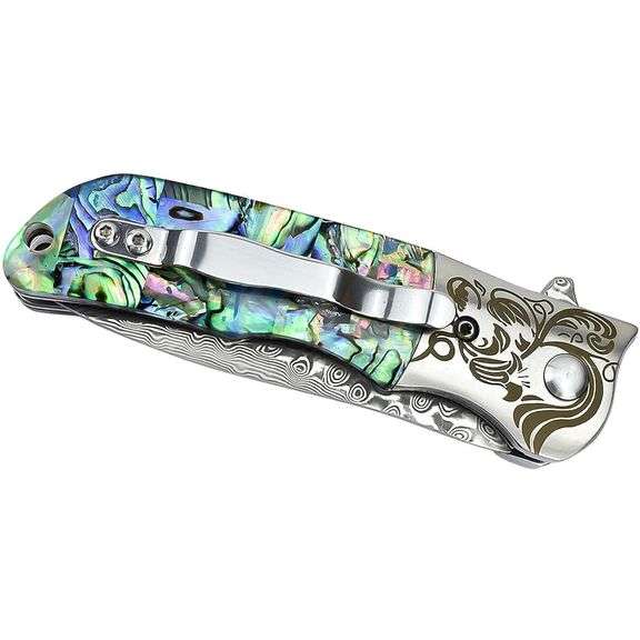 Damascus Steel Folding Pocket Knife with Abalone Handle
