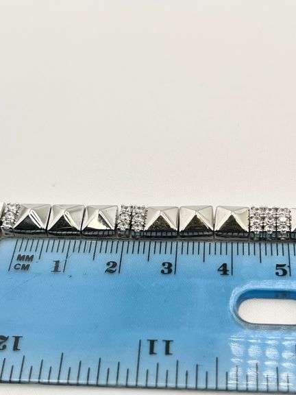 925 Sterling Silver Alternative Polished Pyramid link With Crystal Pave Bracelet