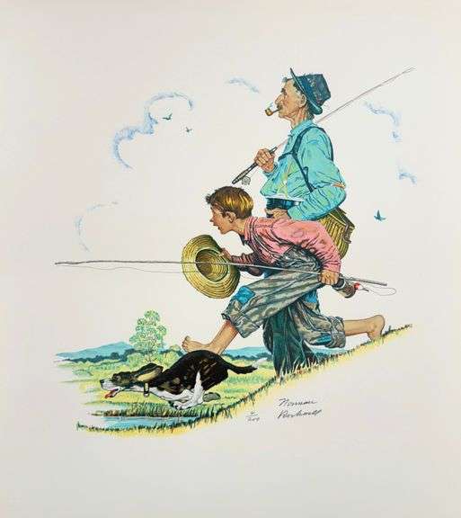 Exclusive Norman Rockwell Signed Limited Edition Lithograph "Fishing" with Pubilshers Certificate