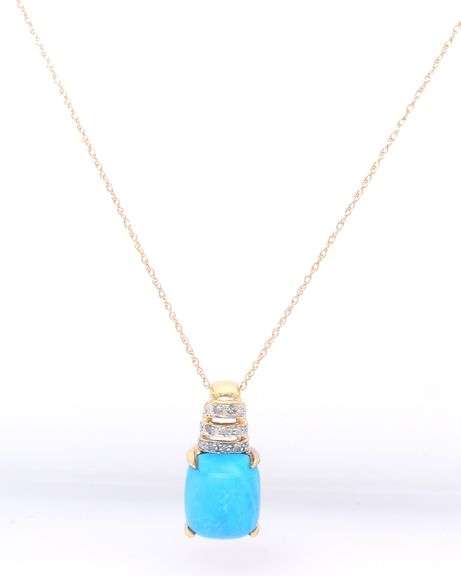 10kt Yellow gold Square Turquoise and diamond accent pendant on chain