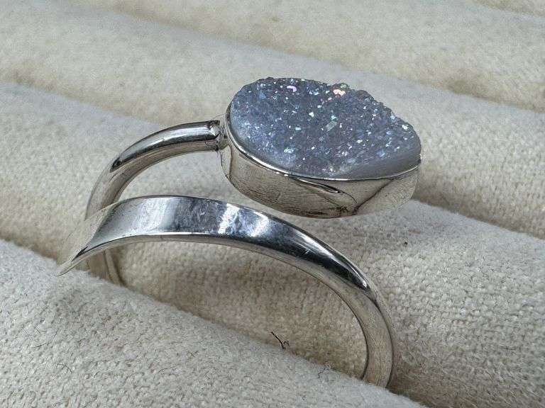 Sterling Silver 925 Titanium Coated Druzy Agate Crystal Stone Ring Adjustable Spoon Band