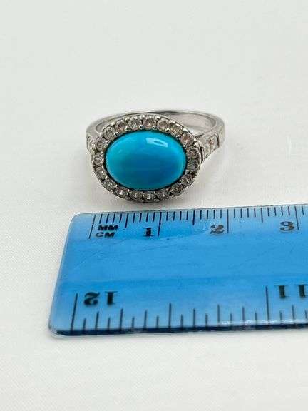925 Sterling Silver Oval Turquoise With CZ Halo Ring